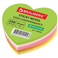 Блок самоклеящийся (стикеры) фигурный BRAUBERG "Сердце", 250 л., 5 цв., неоновый