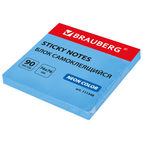Блок самоклеящийся (стикеры) BRAUBERG, 76х76 мм, 90 листов, неоновый голубой