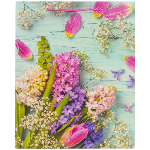 Пакет подарочный 26,5x12,7x33 см ЗОЛОТАЯ СКАЗКА "Spring Flowers", глиттер, розовый с голубым фото 4