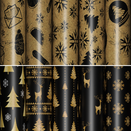 Бумага упаковочная новогодняя ЗОЛОТАЯ СКАЗКА "Black&Gold" 70х100 см, 10 дизайнов ассорти