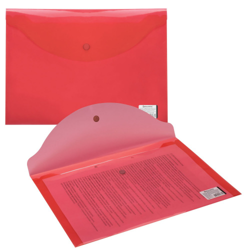 Папка-конверт с кнопкой BRAUBERG, А4, до 100 листов, 0,15 мм, прозрачная, красная фото 2