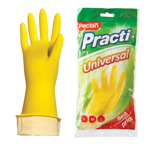 Перчатки хозяйственные латексные PACLAN "Practi Universal", х/б напыление, размер L, желтые