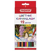 Карандаши цветные ПИФАГОР "БАБОЧКИ", 12 цветов, классические заточенные