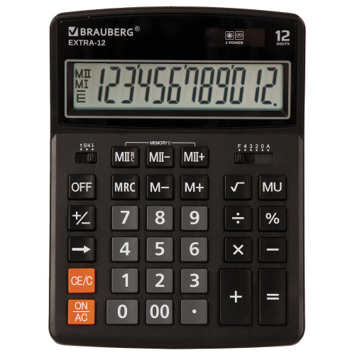 Калькулятор настольный BRAUBERG, 206x155 мм, 12 разрядов, двойное питание, черный