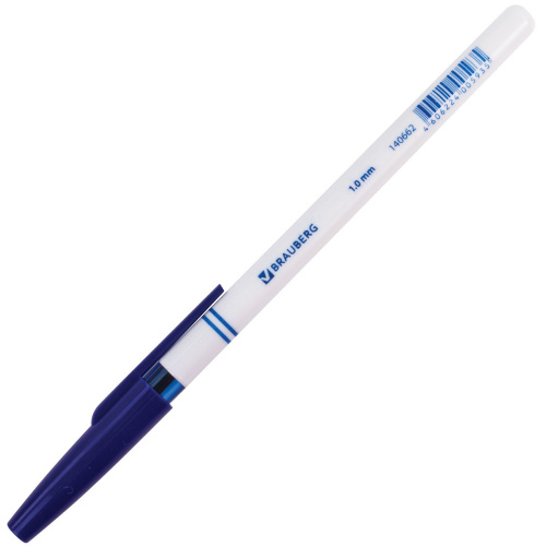 Ручка шариковая BRAUBERG "Офисная", корпус белый, узел 1 мм, линия письма 0,5 мм, синяя фото 6