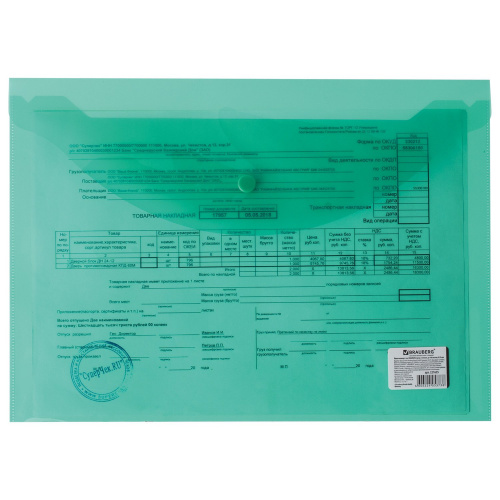 Папка-конверт с кнопкой BRAUBERG, А4, до 100 листов, 0,15 мм, прозрачная, зеленая фото 3