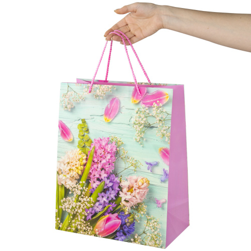 Пакет подарочный 26,5x12,7x33 см ЗОЛОТАЯ СКАЗКА "Spring Flowers", глиттер, розовый с голубым фото 6