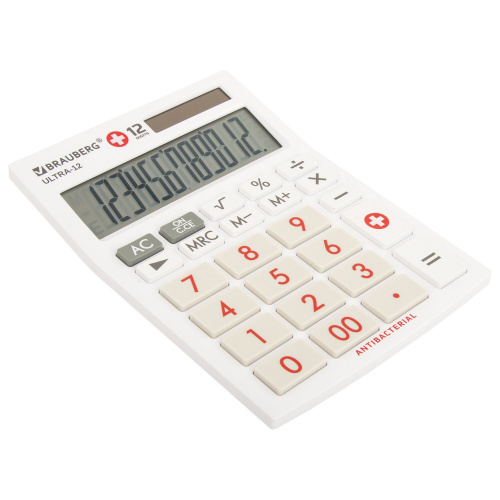 Калькулятор настольный BRAUBERG, 192x143 мм, 12 разрядов, двойное питание, антиб.покр., белый фото 4