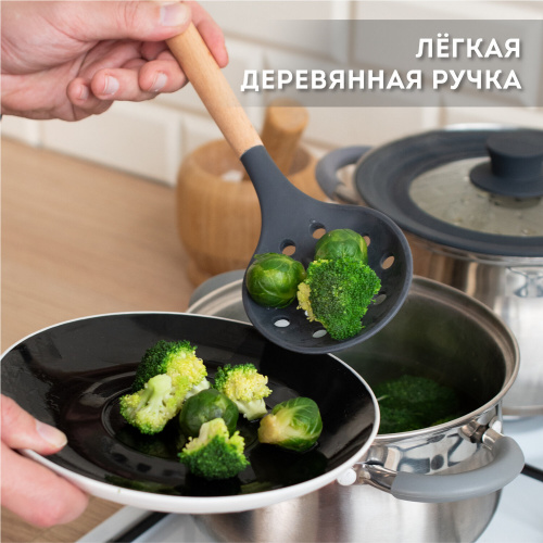 Набор силиконовых кухонных принадлежностей DASWERK, с деревянными ручками 12 в 1, серый фото 6