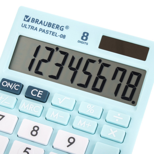 Калькулятор настольный BRAUBERG, 154x115 мм, 8 разрядов, двойное питание, голубой фото 8
