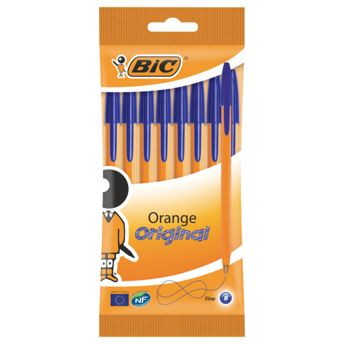 Ручки шариковые BIC "Orange Fine", 8 шт., линия письма 0,32 мм, пакет, синие