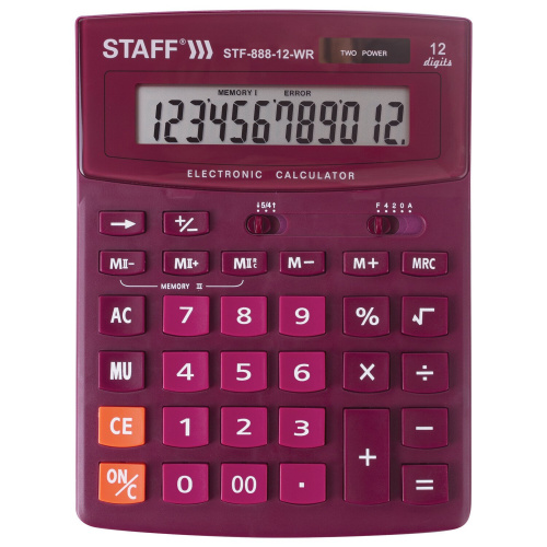 Калькулятор настольный STAFF, 200х150 мм, 12 разрядов, двойное питание, бордовый