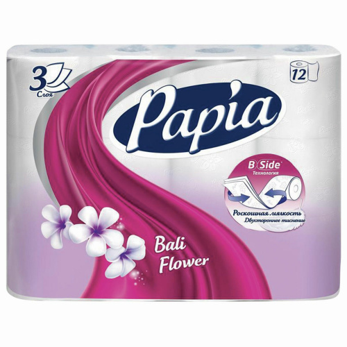 Бумага туалетная PAPIA "Балтийский цветок", бытовая, спайка 12 шт., 3-слойная (12х16,8 м) фото 2