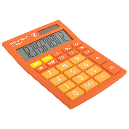 Калькулятор настольный BRAUBERG, 192x143 мм, 12 разрядов, двойное питание, оранжевый фото 2