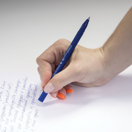 Ручка стираемая гелевая STAFF ERASE, прорезиненный корпус, линия письма 0,35 мм, синяя фото 10