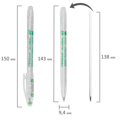 Ручка шариковая масляная PENSAN "Global-21", корпус прозрачный, линия письма 0,3 мм, зеленая фото 4