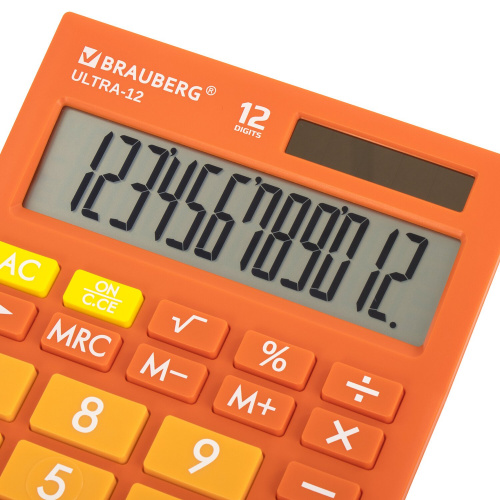 Калькулятор настольный BRAUBERG, 192x143 мм, 12 разрядов, двойное питание, оранжевый фото 4
