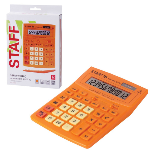Калькулятор настольный STAFF, 200х150 мм, 12 разрядов, двойное питание, оранжевый фото 2