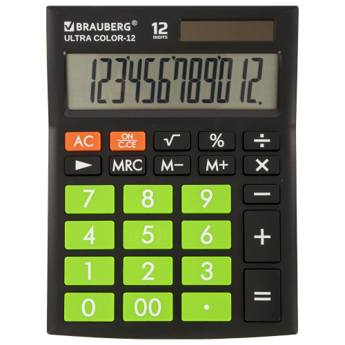 Калькулятор настольный BRAUBERG, 192x143 мм, 12 разрядов, двойное питание, черно-салатовый