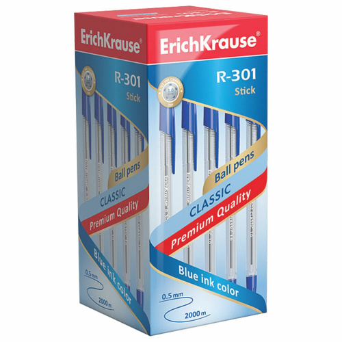Ручка шариковая ERICH KRAUSE "R-301 Classic", корпус прозрачный, линия письма 0,5 мм, синяя фото 5