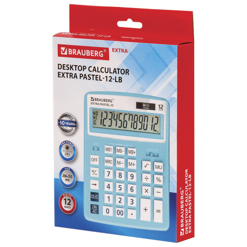 Калькулятор настольный BRAUBERG, 206x155 мм, 12 разрядов, двойное питание, голубой фото 7