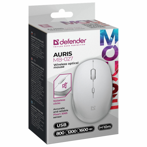 Мышь беспроводная DEFENDER Auris MB-027, USB, 3 кнопки + 1 колесо-кнопка, оптическая, белая, 52028 фото 4